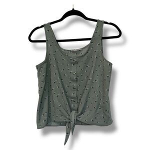 Pink Rose Green Floral Printed Tank Top Women’s Size M Front Tie Blouse